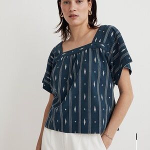 Madewell Navy Blue Square-Neck Short-Sleeve in Jacquard Patterned Women's Top